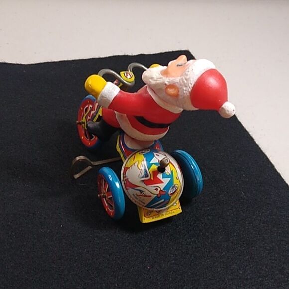 Vintage Litho Tin Wind-up Toy w/ Key Tricycle Celluloid Santa Cottagecore - Picture 2 of 6